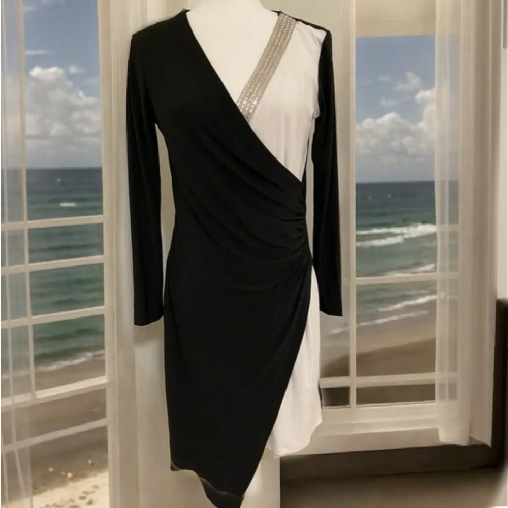 Cocktail Dress J.B.S. Black & White Asymmetrical Long Sleeve Sheath Dress